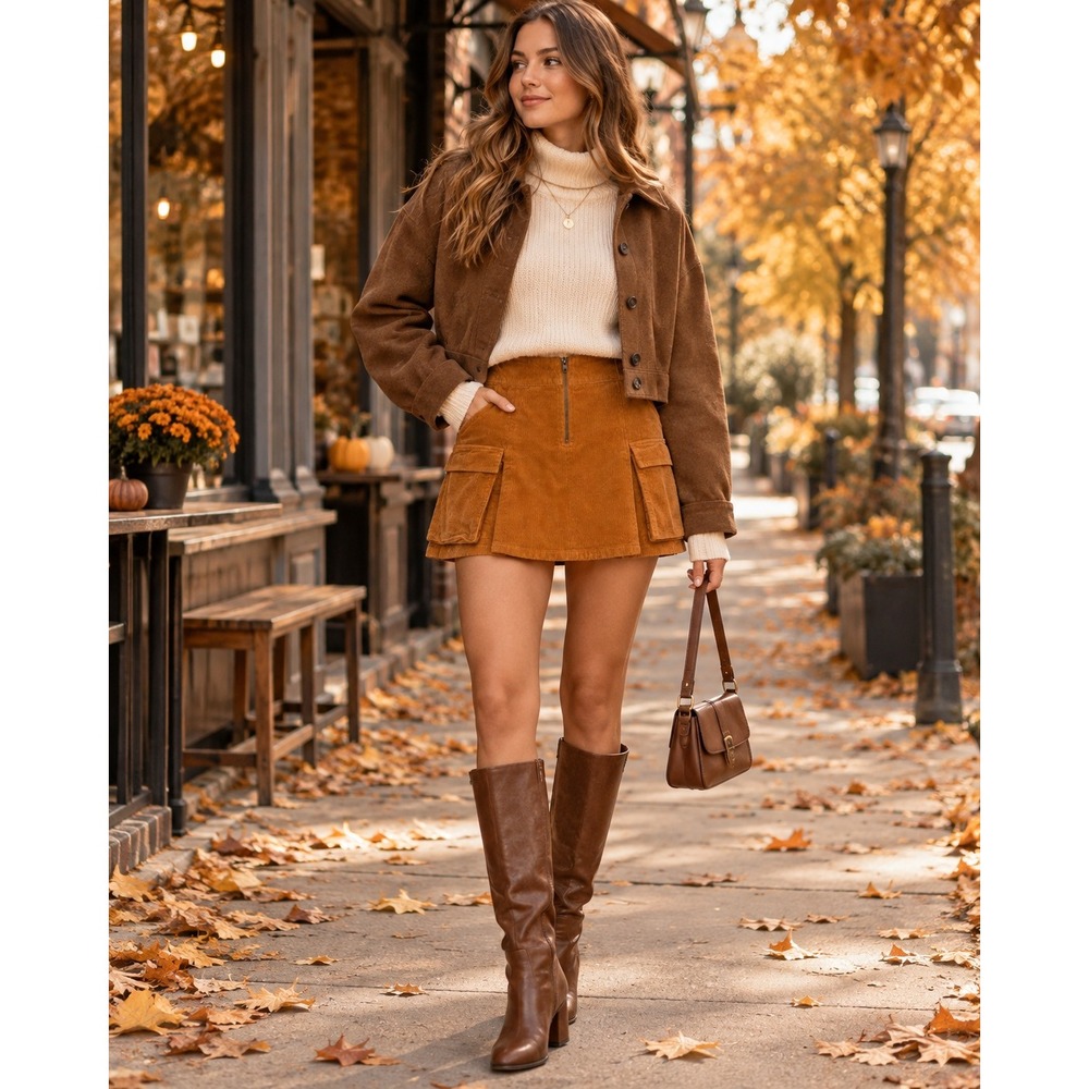 Women's Extra Small Camel Corduroy Cargo Mini Skirt Y2K Utility Pleated Fall
